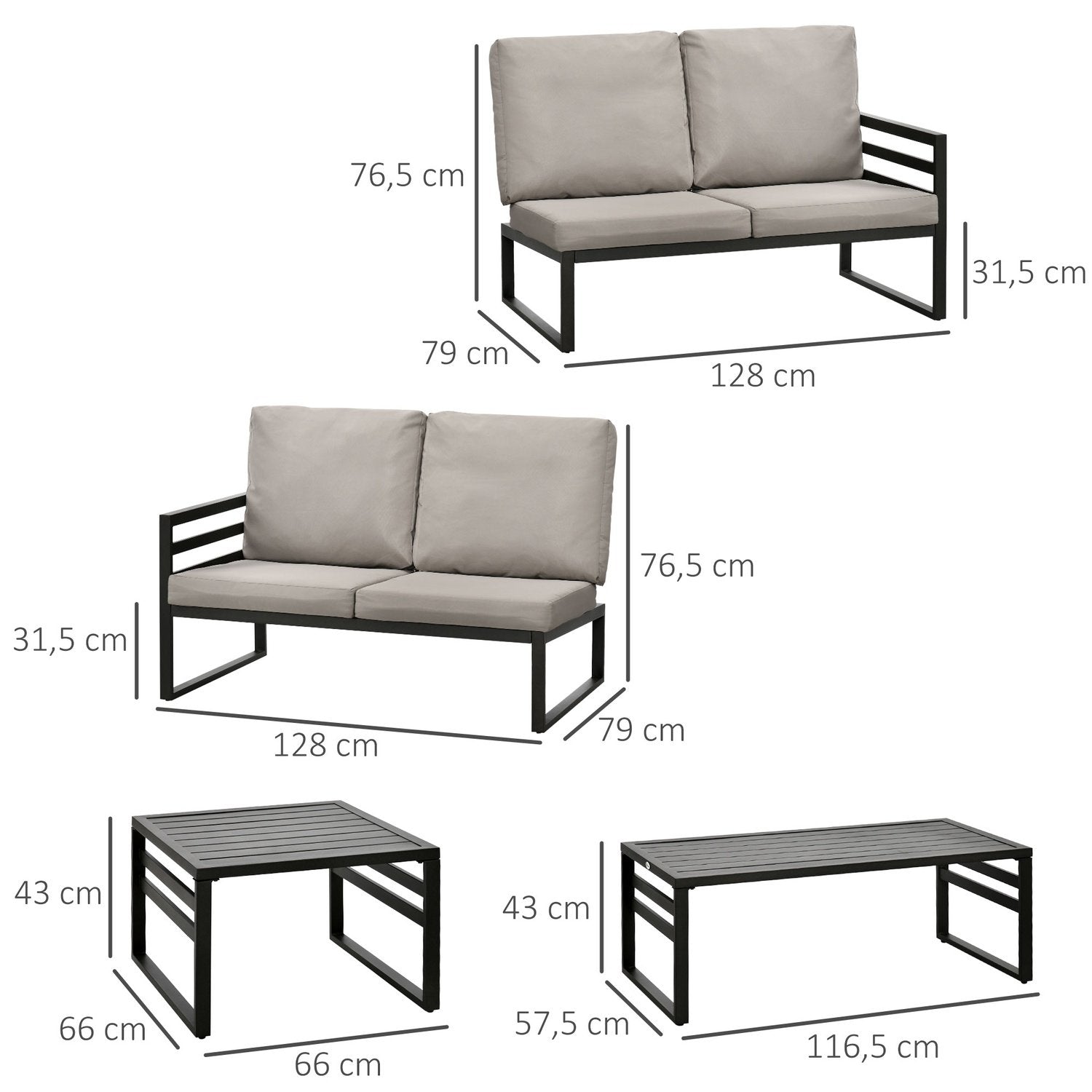 Trädgårdsmöbler Set För 4 Personer 2 Soffor 2 Bord Väderbeständig 128Cm X 79Cm X 76,5Cm Ljusgrå + Svart