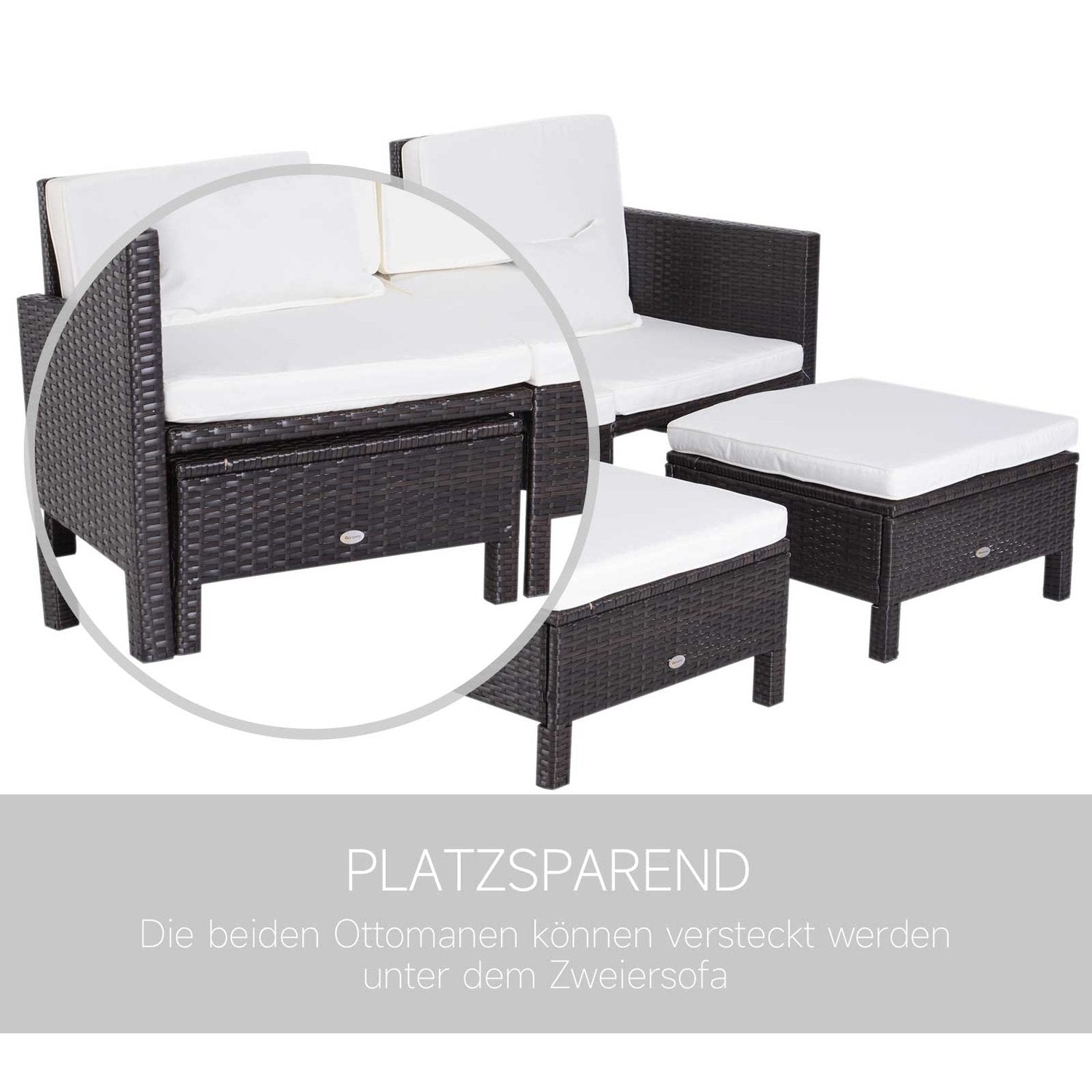 Trädgårdssoffset Brun Polyrattan Och Metall, Inklusive 2-Sits Soffa, Pall Och Kuddar, Perfekt För Trädgård Och Lounge