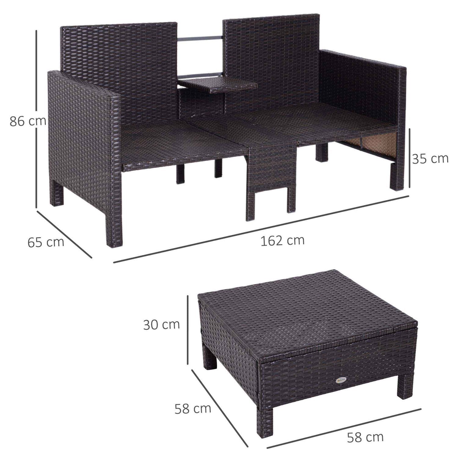 Trädgårdssoffset Brun Polyrattan Och Metall, Inklusive 2-Sits Soffa, Pall Och Kuddar, Perfekt För Trädgård Och Lounge