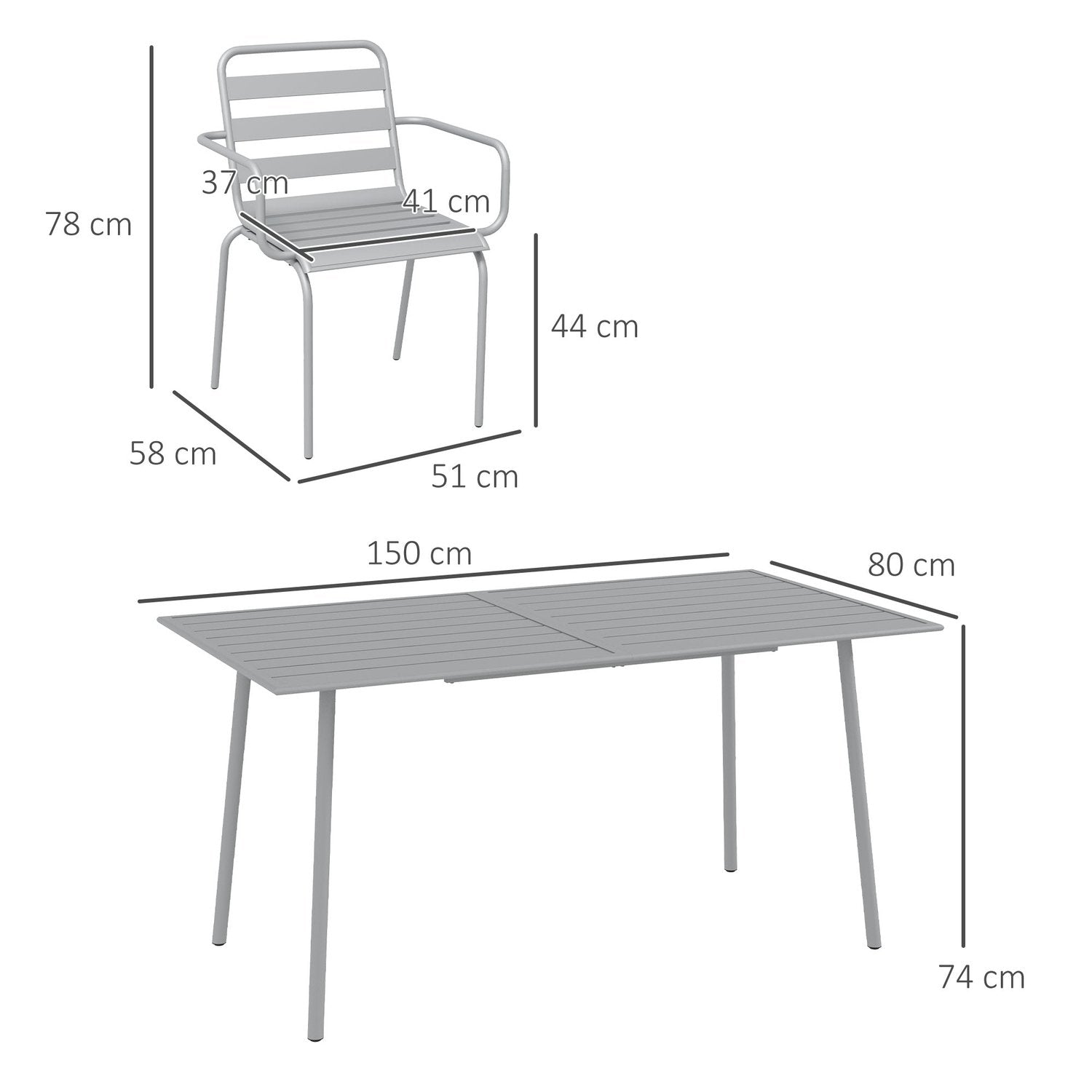 Trädgårdsmöbelset, Sittgrupp, Matbord, 6 Stapelbara Stolar, Balkong, Terrass, Stål, Ljusgrå