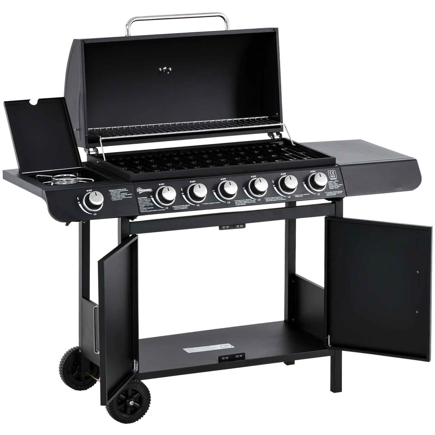 Gasgrill med 6 brännare, sidobrännare, förvaringsskåp