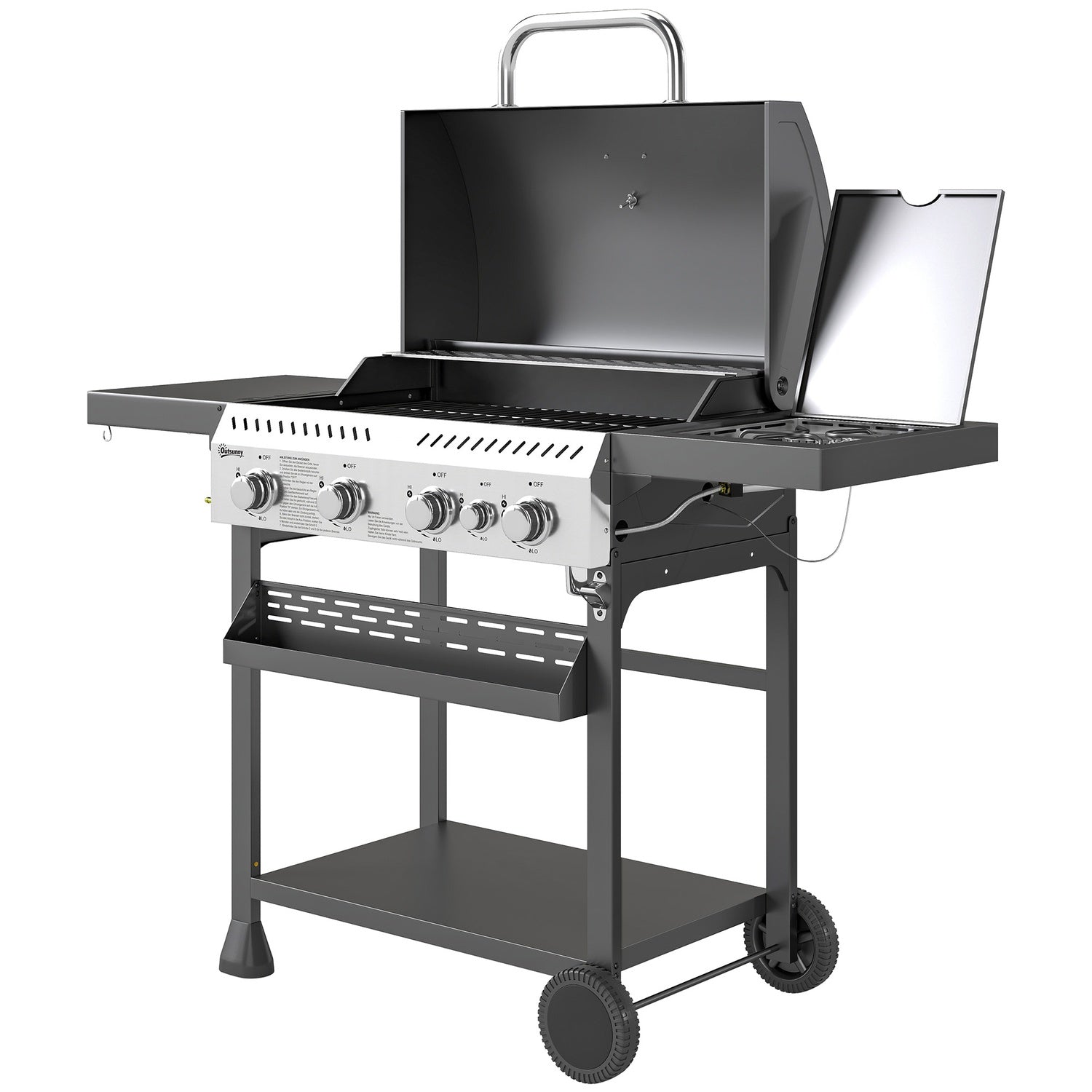 Gasgrill i rostfritt stål, 12KW, 4+1 brännare, med termometer