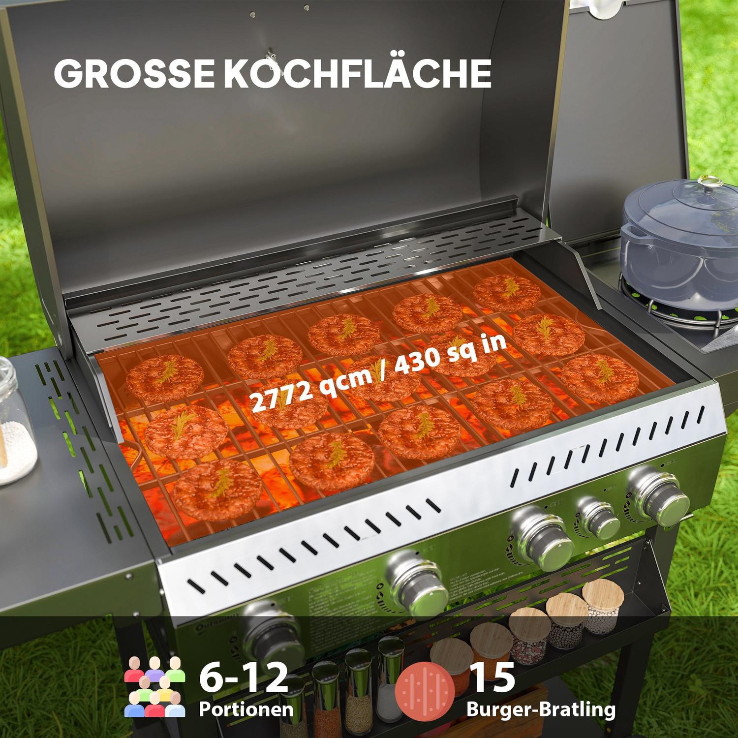 Gasgrill i rostfritt stål, 12KW, 4+1 brännare, med termometer