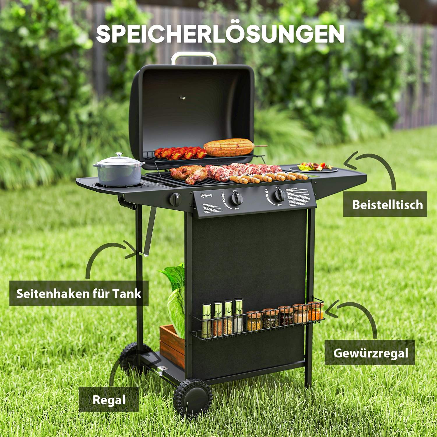 Gasgrill med 3 brännare och sidospis, lock & hylla