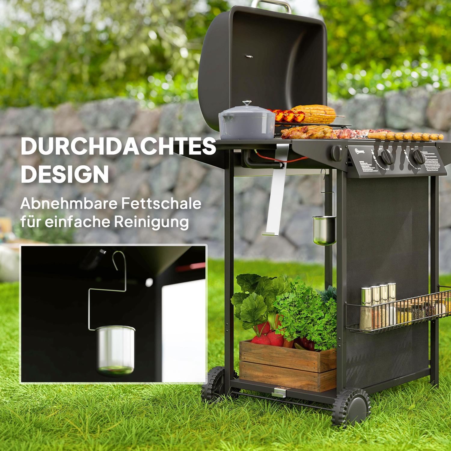 Gasgrill med 3 brännare och sidospis, lock & hylla