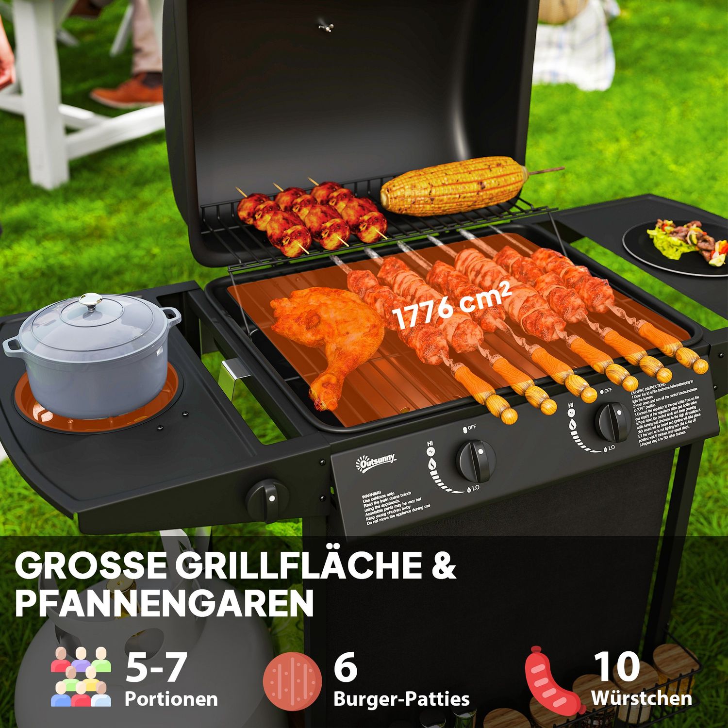 Gasgrill med 3 brännare och sidospis, lock & hylla