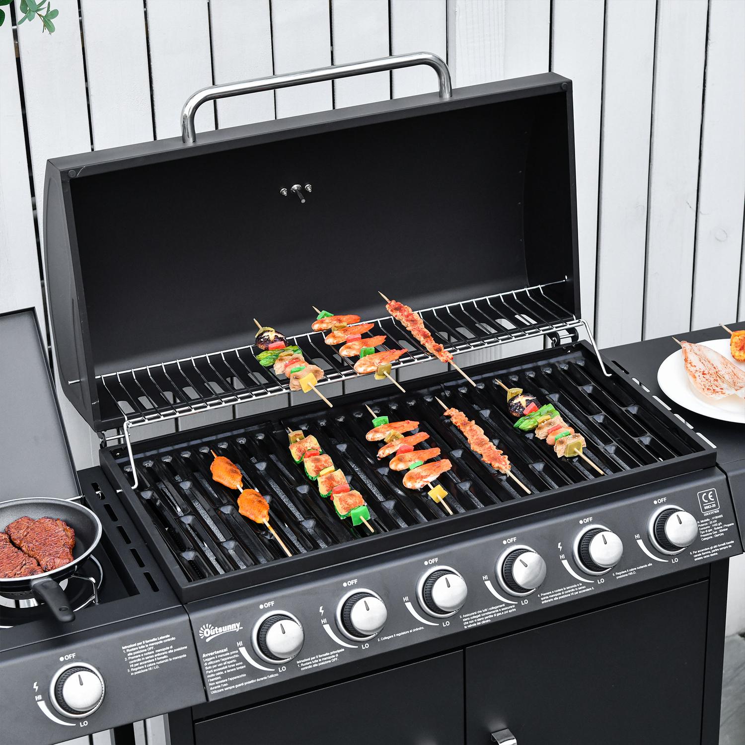 Gasgrill med 6 brännare, sidobrännare, förvaringsskåp