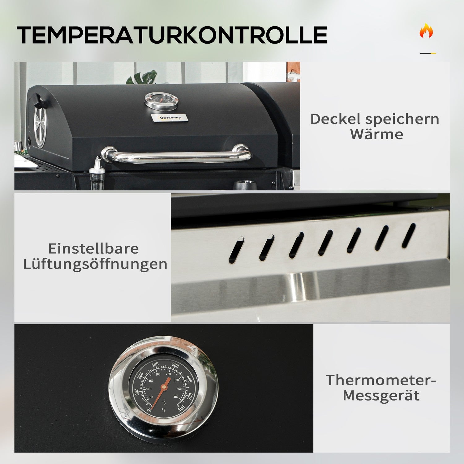 Gasgrillvagn med 3 brännare, termometer, hyllor