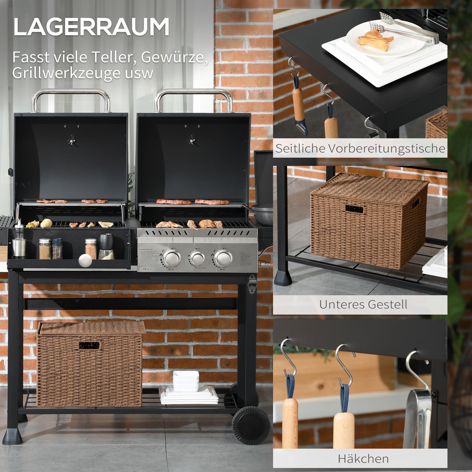 Gasgrillvagn med 3 brännare, termometer, hyllor