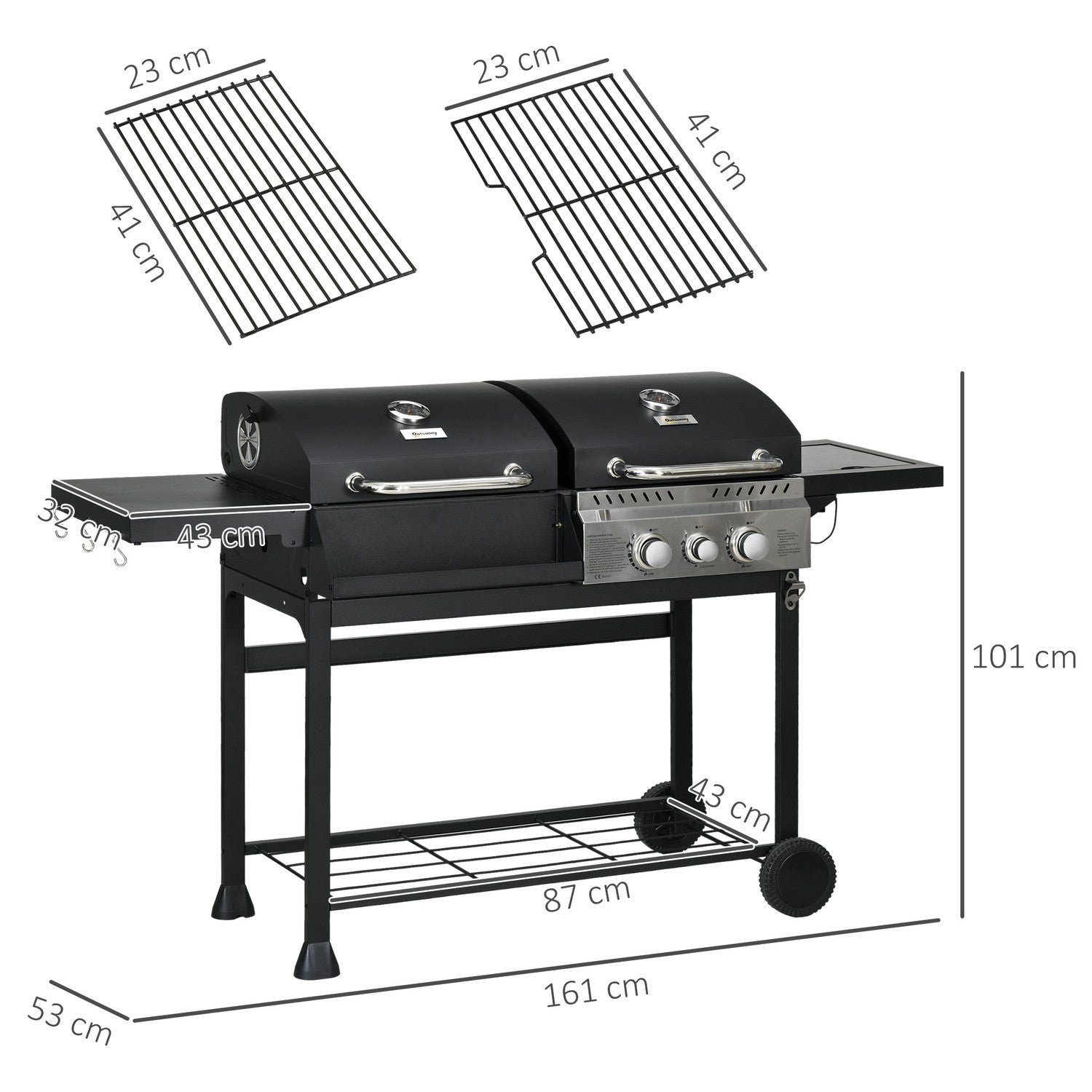 Gasgrillvagn med 3 brännare, termometer, hyllor