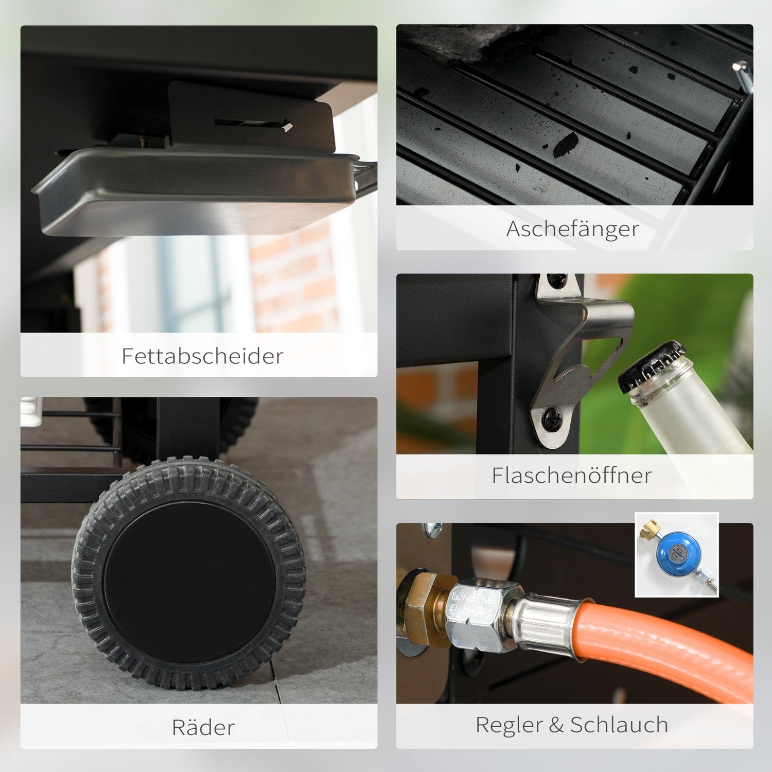 Gasgrillvagn med 3 brännare, termometer, hyllor