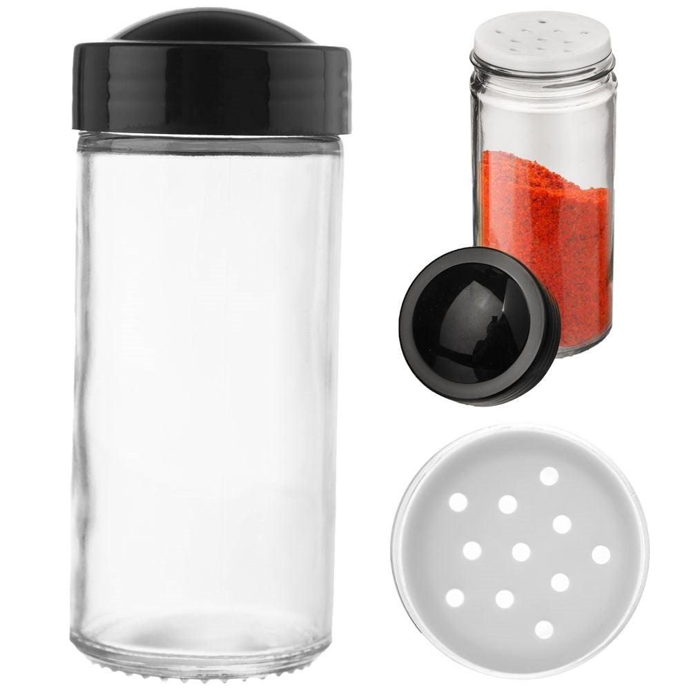 Glasbehållare för kryddor med svart plastkork