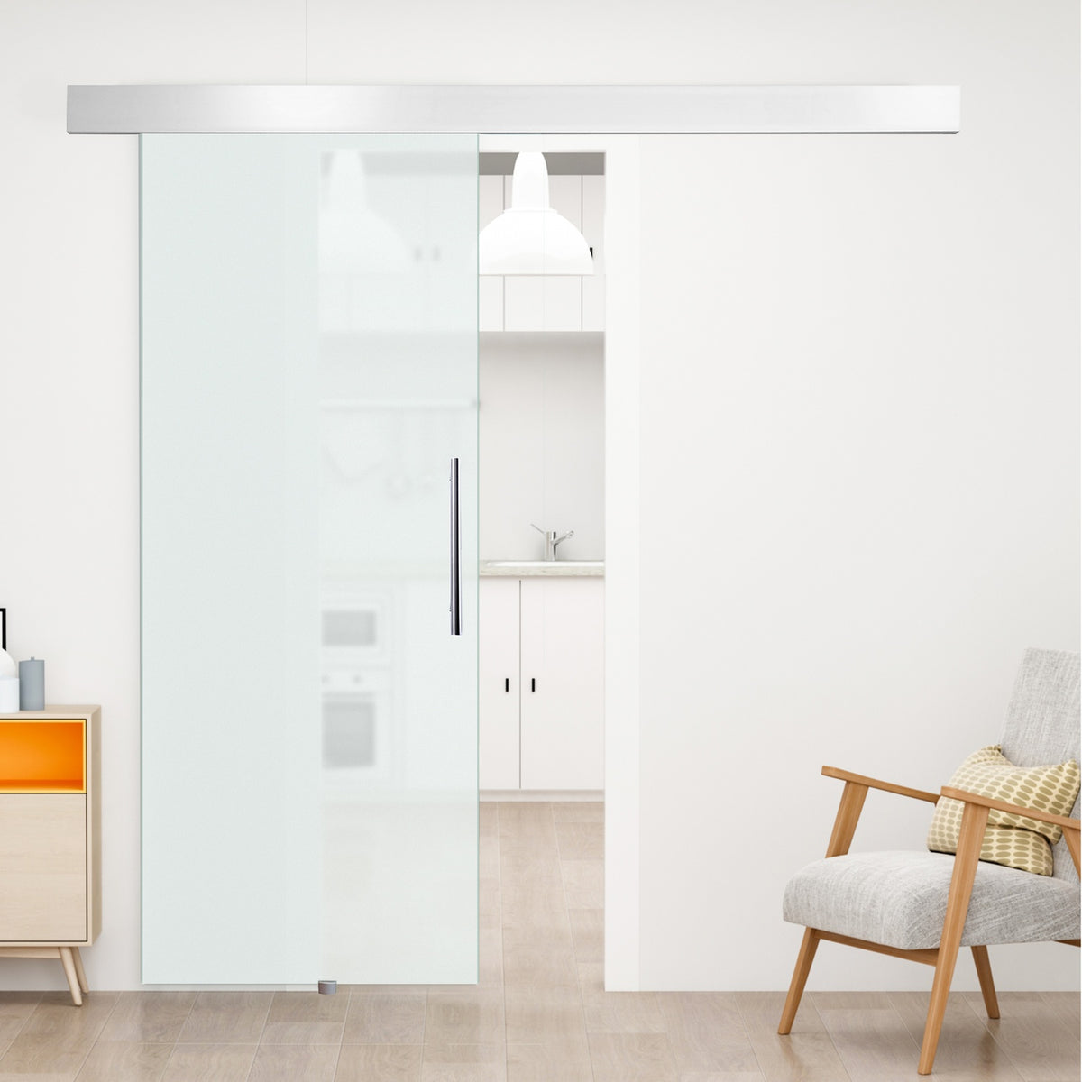 Glas skjutdörrsset med handtag, satinfinish, 2050x900mm