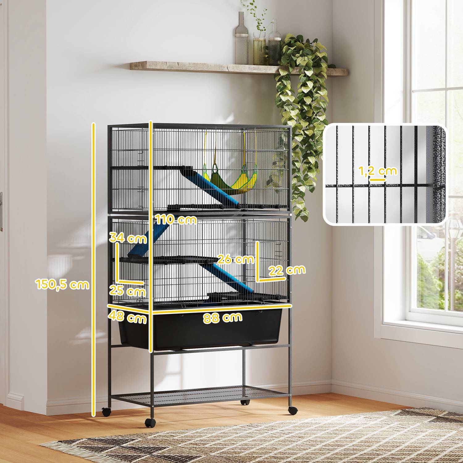 Gnagarbur med bricka, ramper, hängmatta och hjul, grå