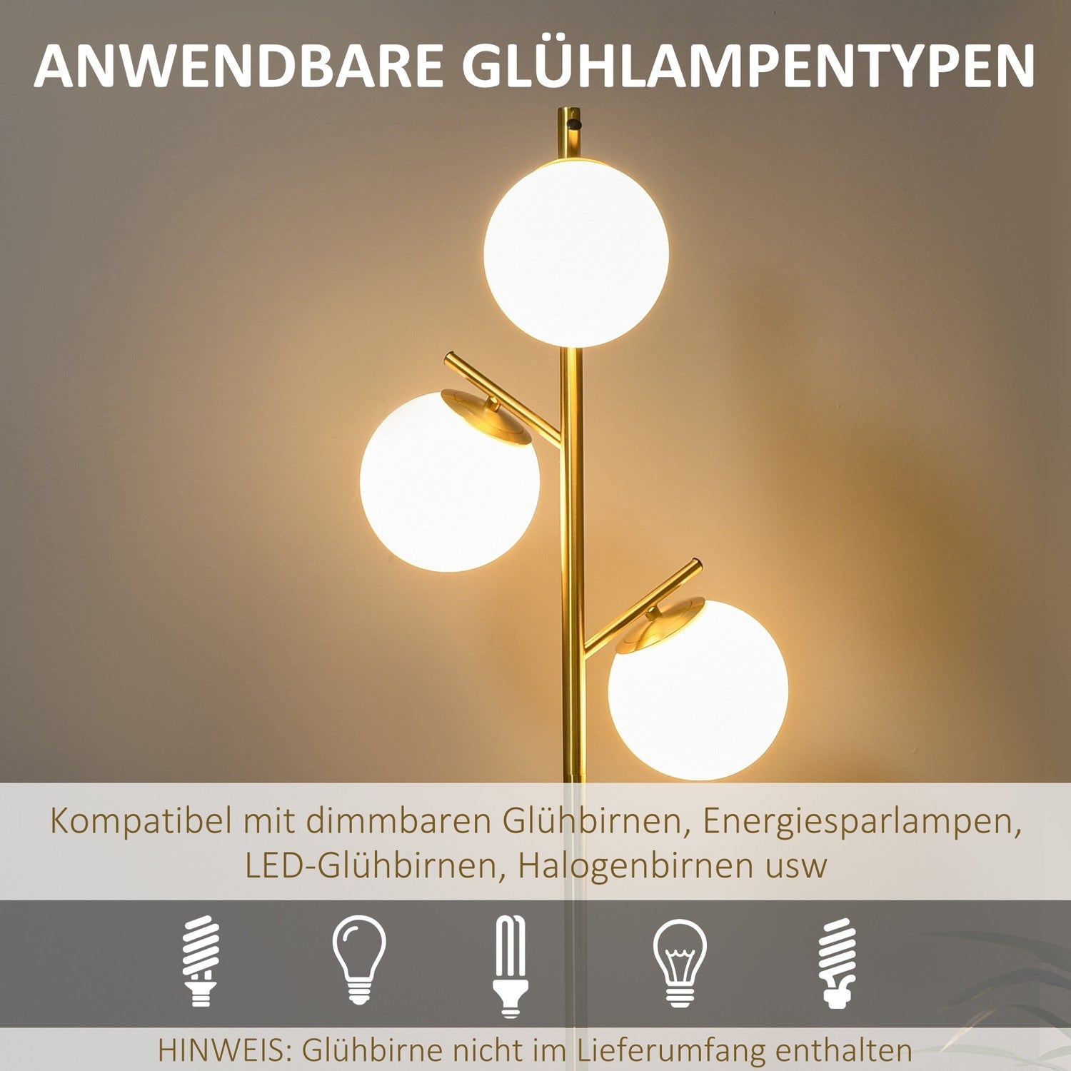 Golvlampa med E27 sockel, 3 glasskärmar, 169 cm