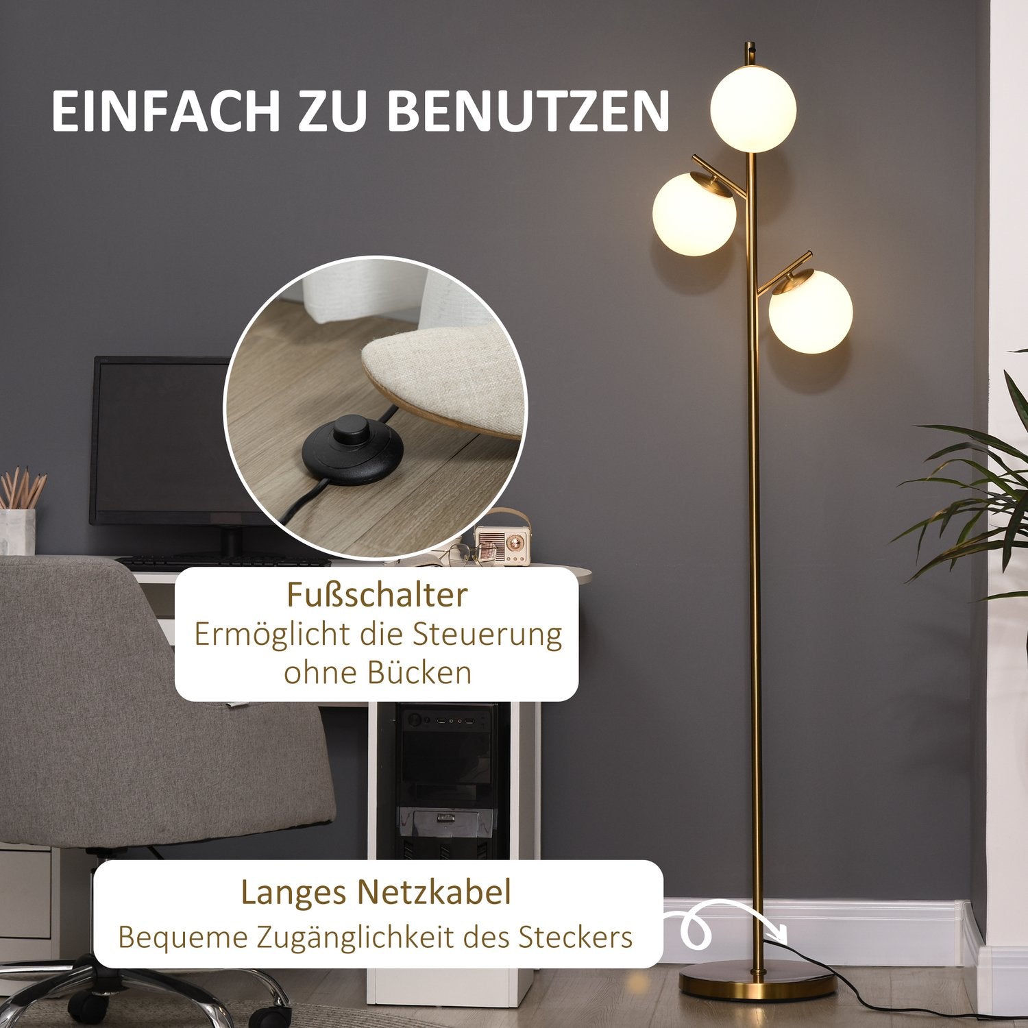 Golvlampa med E27 sockel, 3 glasskärmar, 169 cm