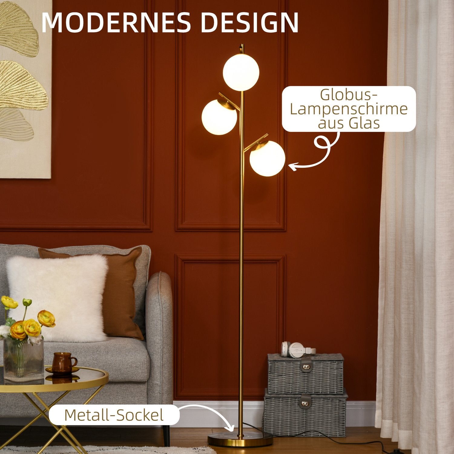 Golvlampa med E27 sockel, 3 glasskärmar, 169 cm
