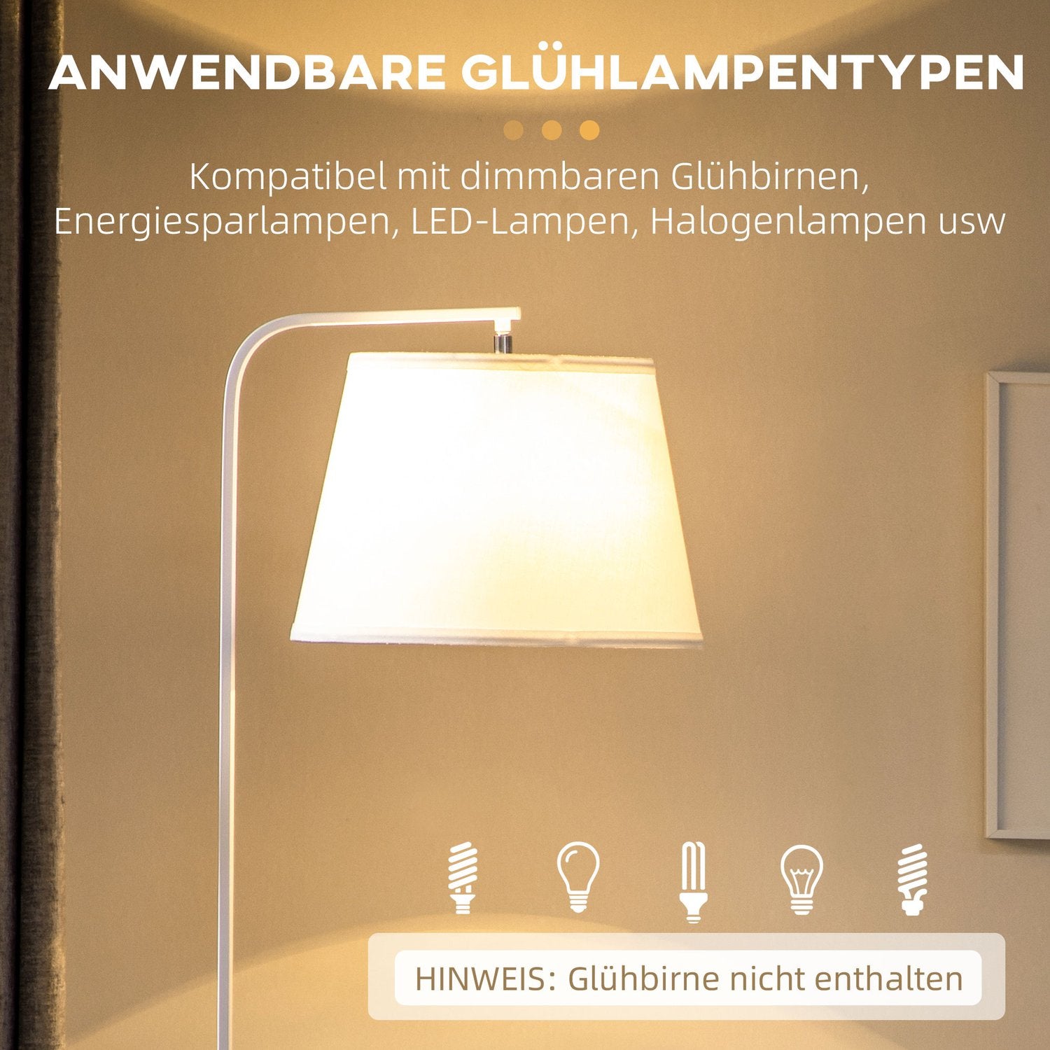 Golvlampa i vit metall, 40W, Skärm i linne, 162 cm Höjd