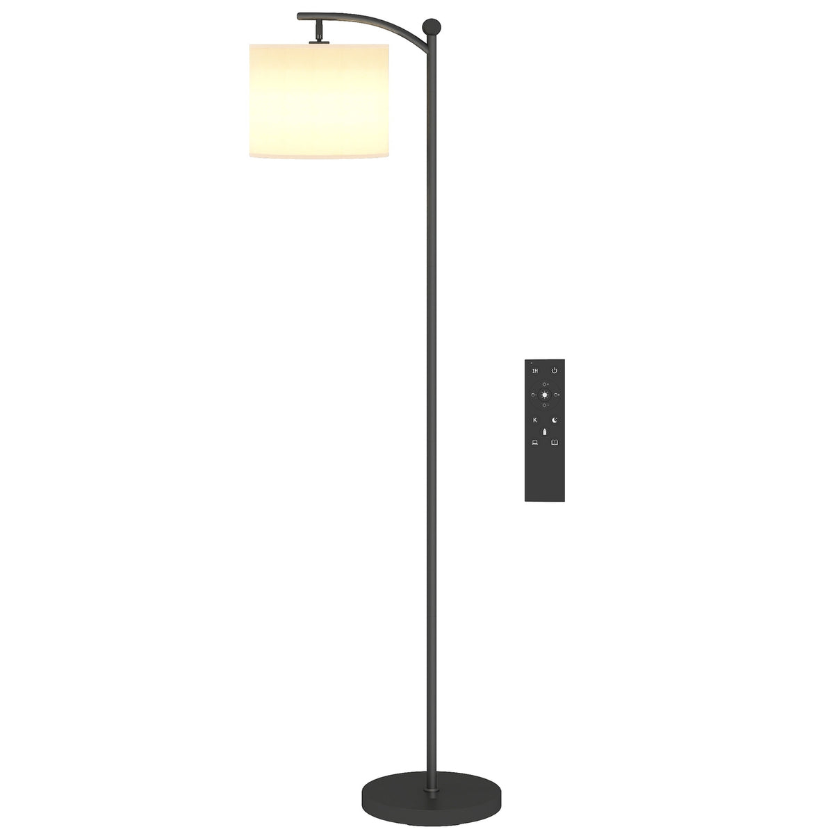 Stojací lampa s nastavitelnými možnostmi osvětlení, nožním spínačem a dálkovým ovladačem, kovová, černá
