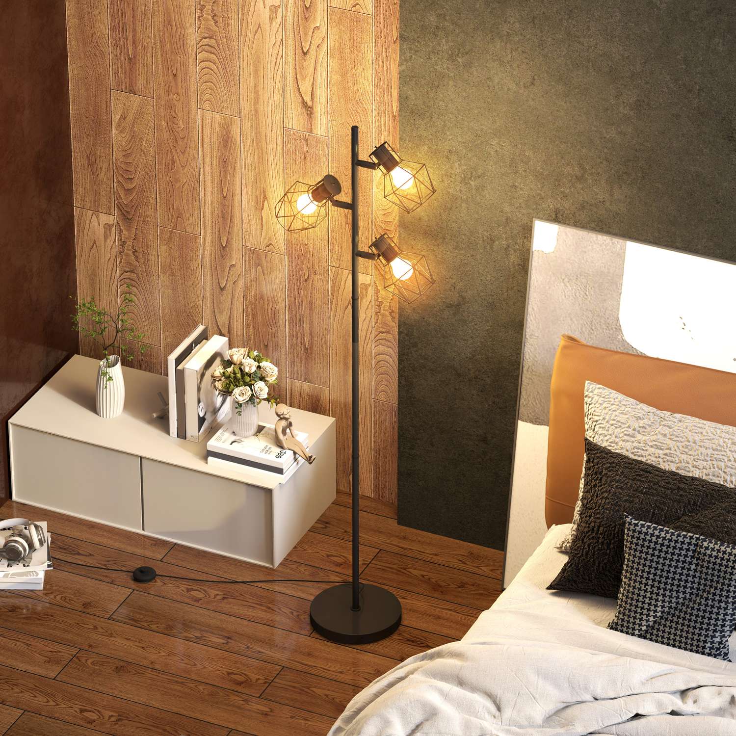 Golvlampa med 3 justerbara huvuden, 169 cm svart metall