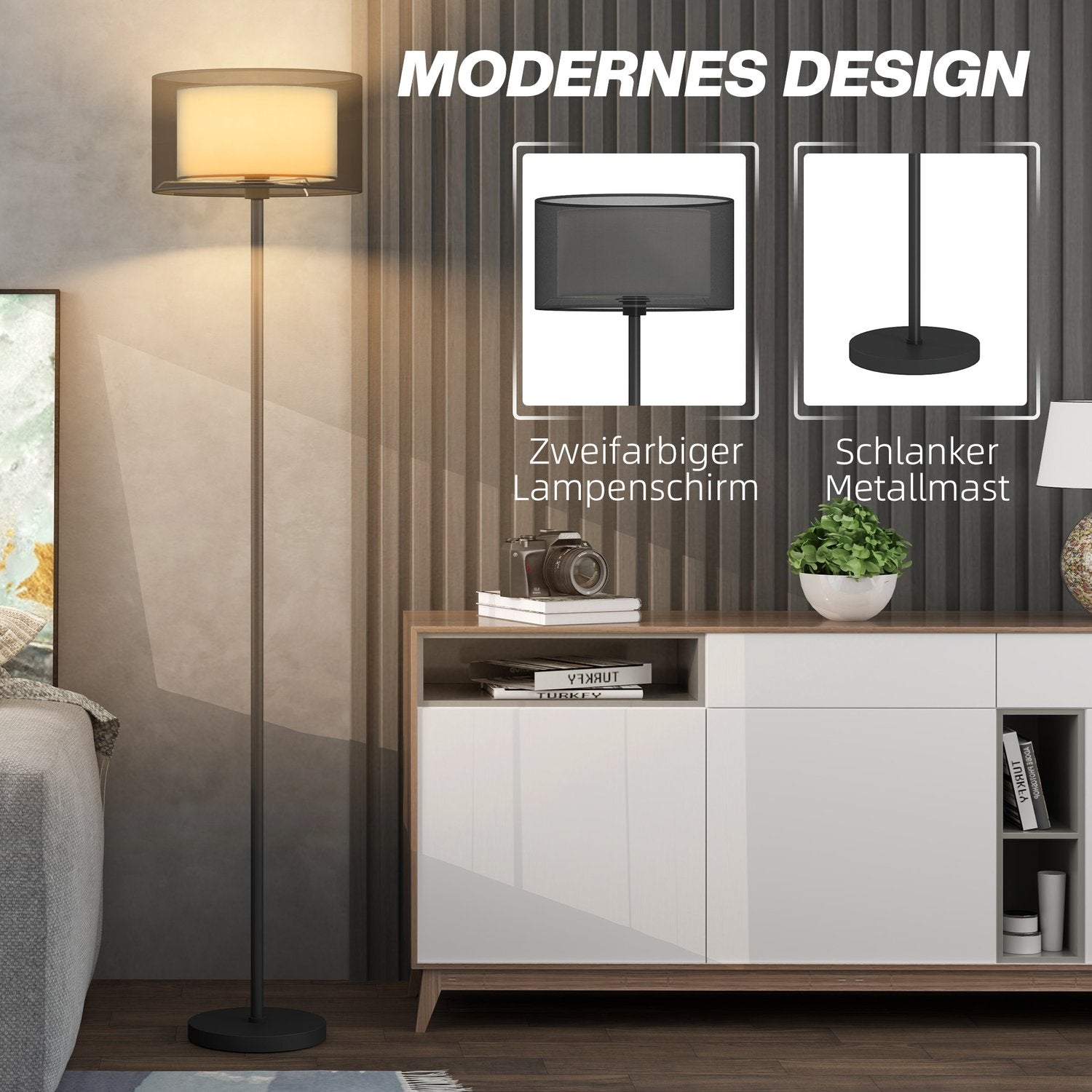 Golvlampa med E27-sockel, tvåfärgad tygskärm