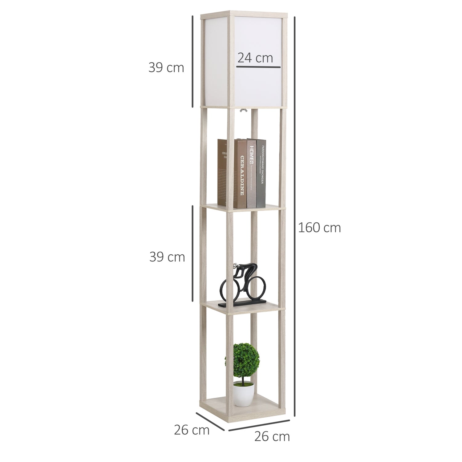 Golvlampa med hyllor – Ek och Vit, E27 40W, 160cm