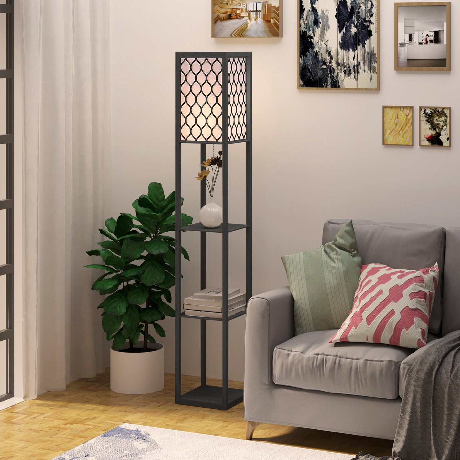 Golvlampa med hyllor – svart trä, 160cm, E27 40W