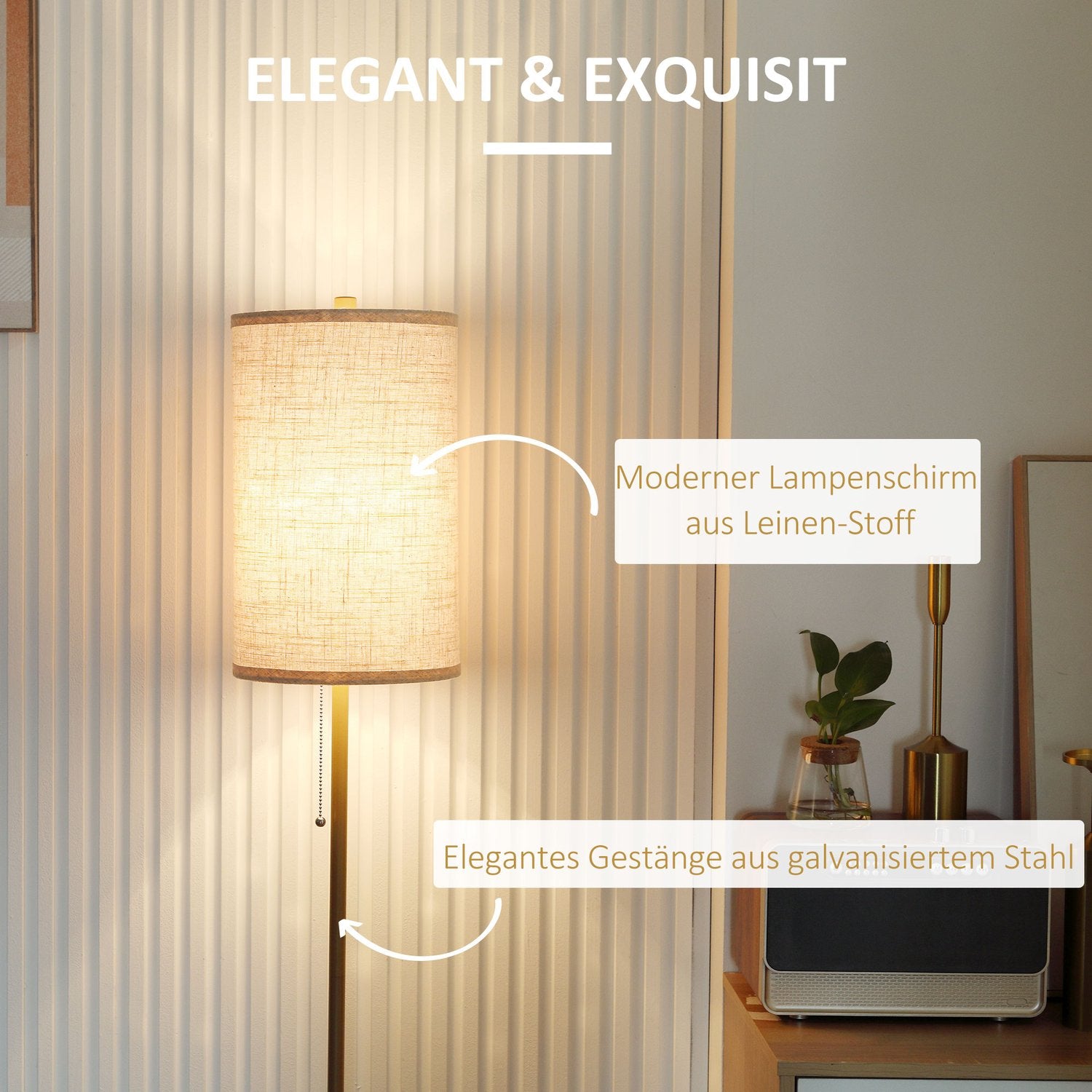 Golvlampa med linneskärm, dragkedja och stålstativ