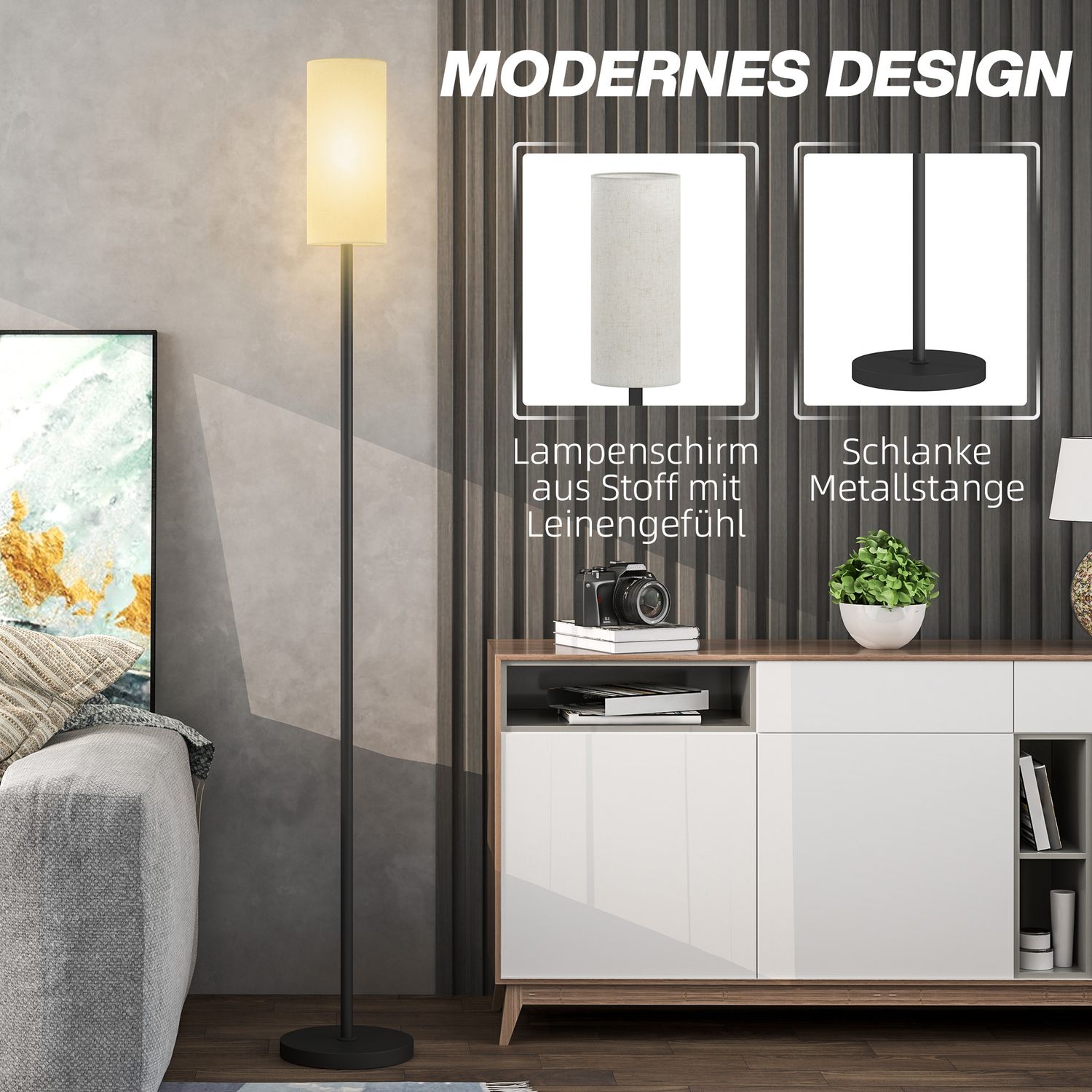 Golvlampa med tygskärm, E27-sockel, fotkontakt