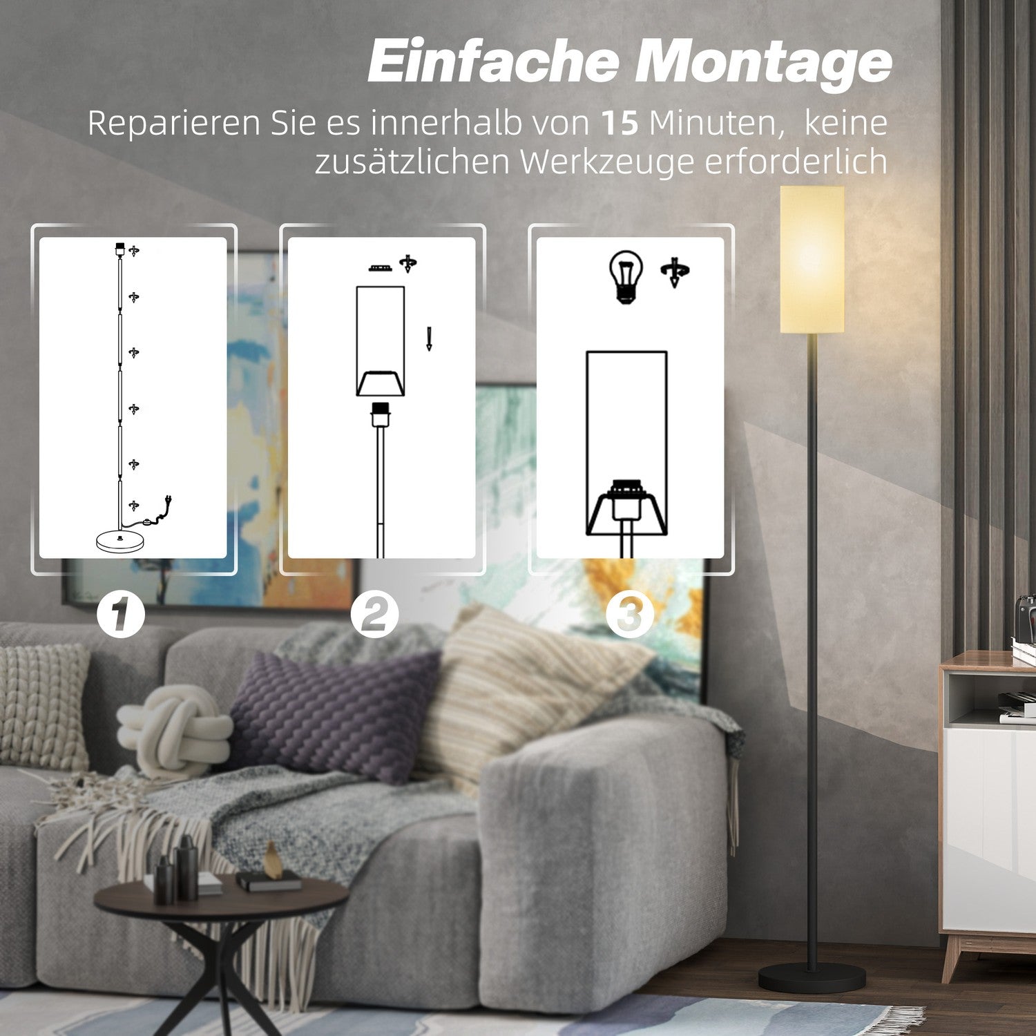 Golvlampa med tygskärm, E27-sockel, fotkontakt
