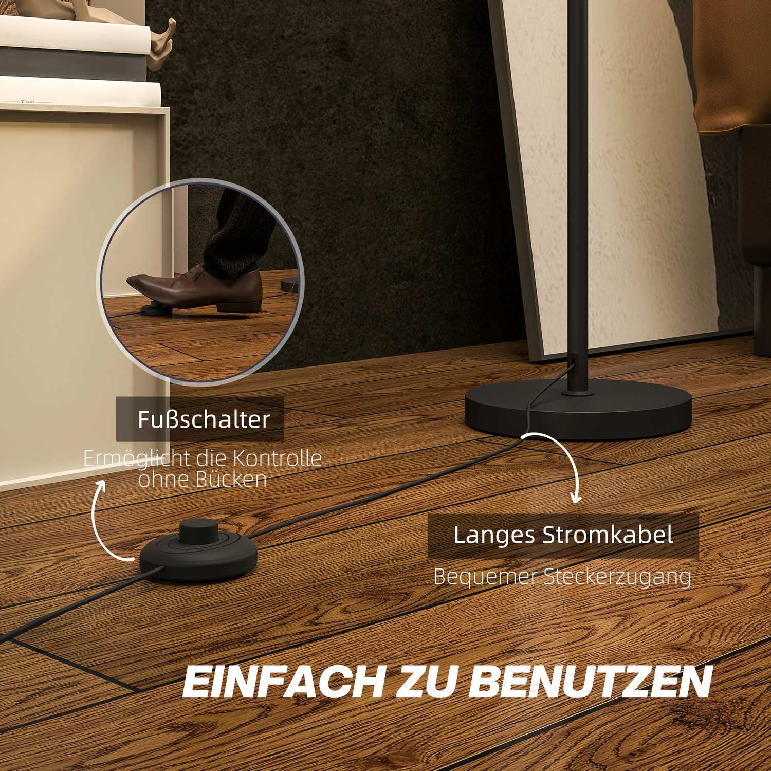 Golvlampa med tygskärm, E27-sockel, fotkontakt