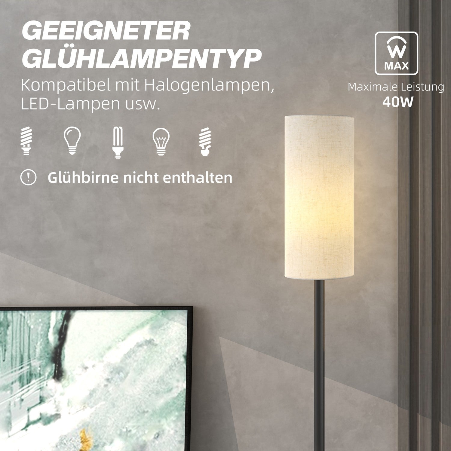 Golvlampa med tygskärm, E27-sockel, fotkontakt