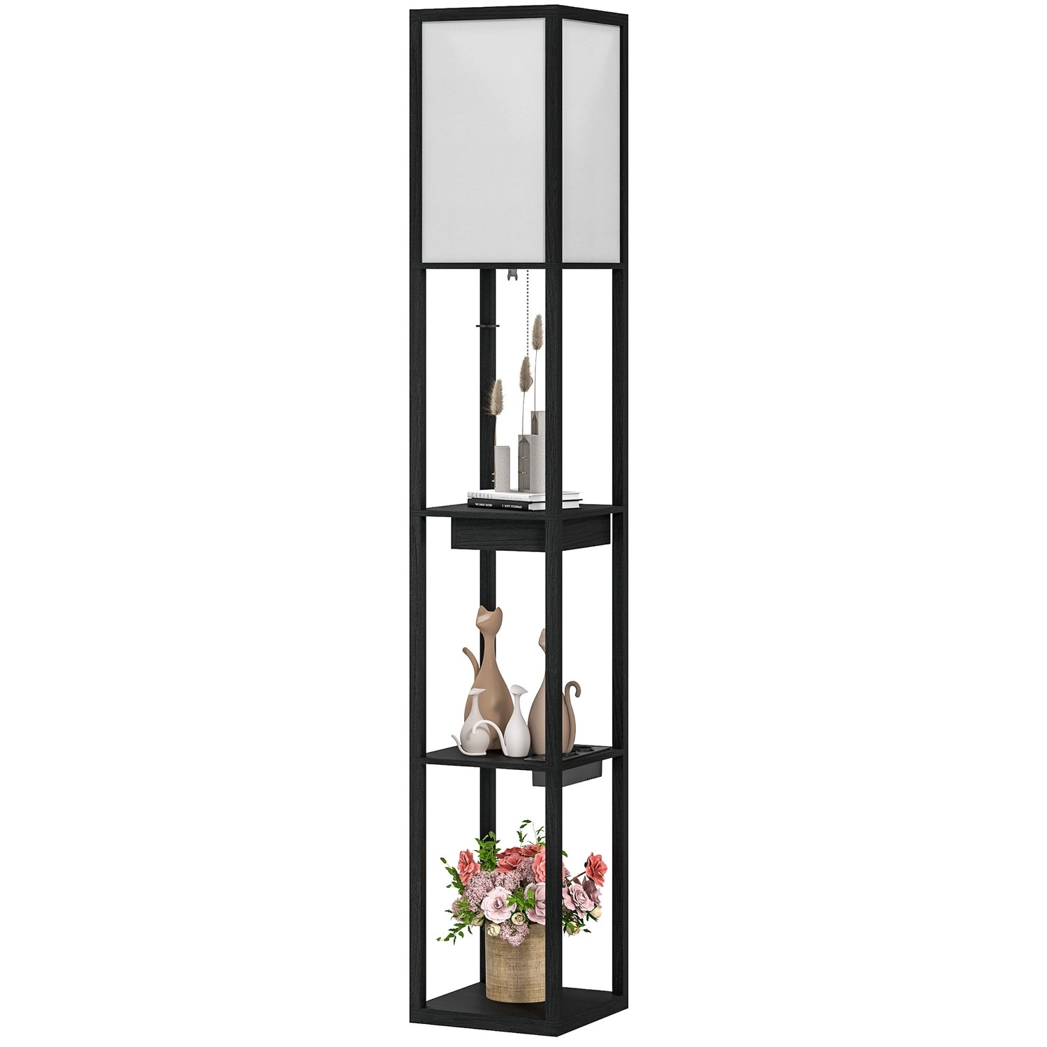 Golvlampa med tygskärm, USB-portar, vit & svart