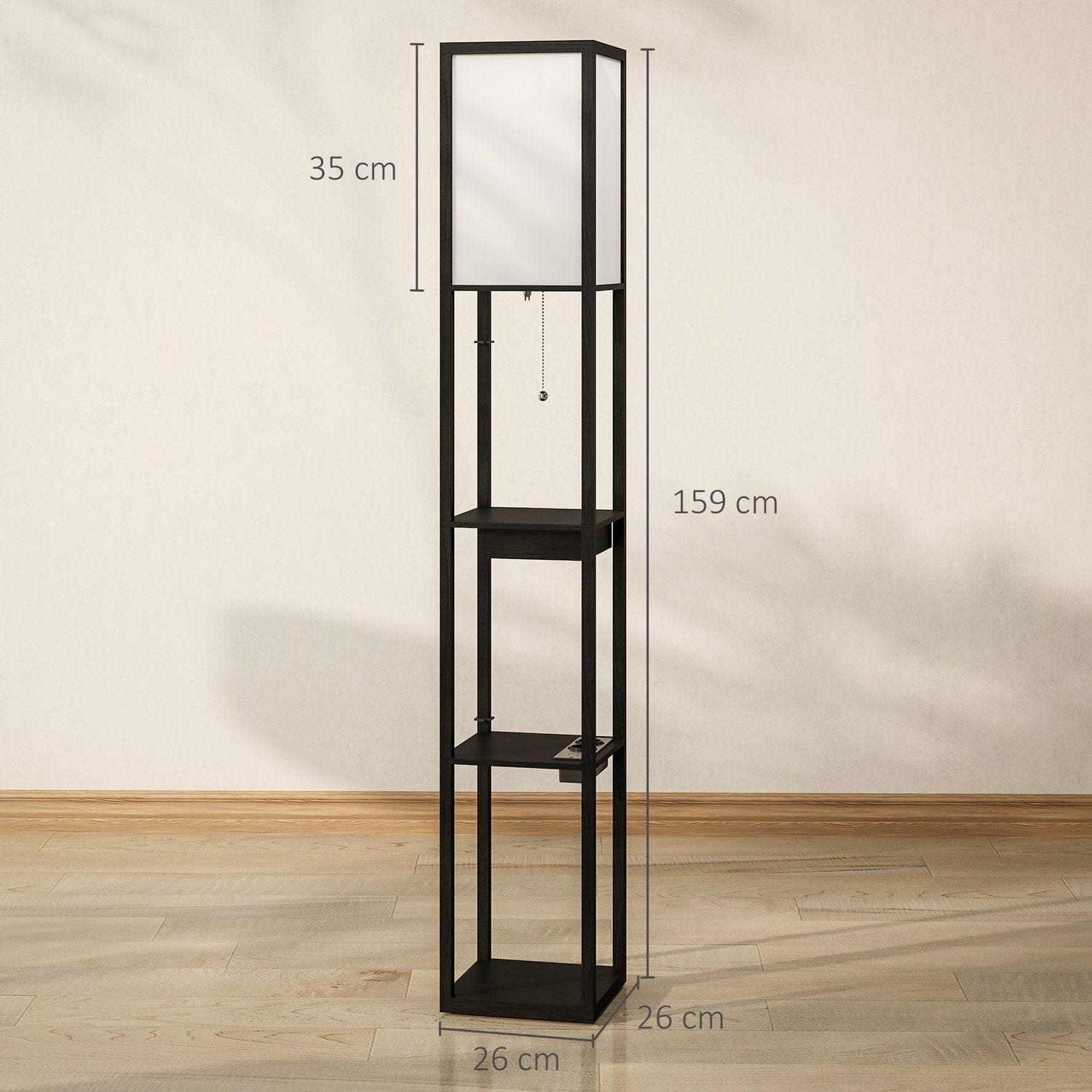 Golvlampa med tygskärm, USB-portar, vit & svart