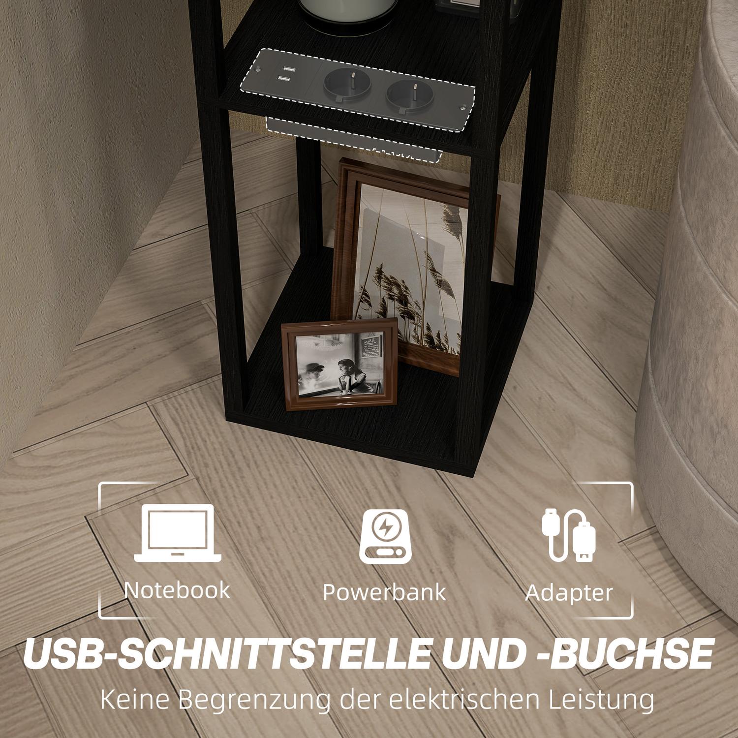 Golvlampa med tygskärm, USB-portar, vit & svart