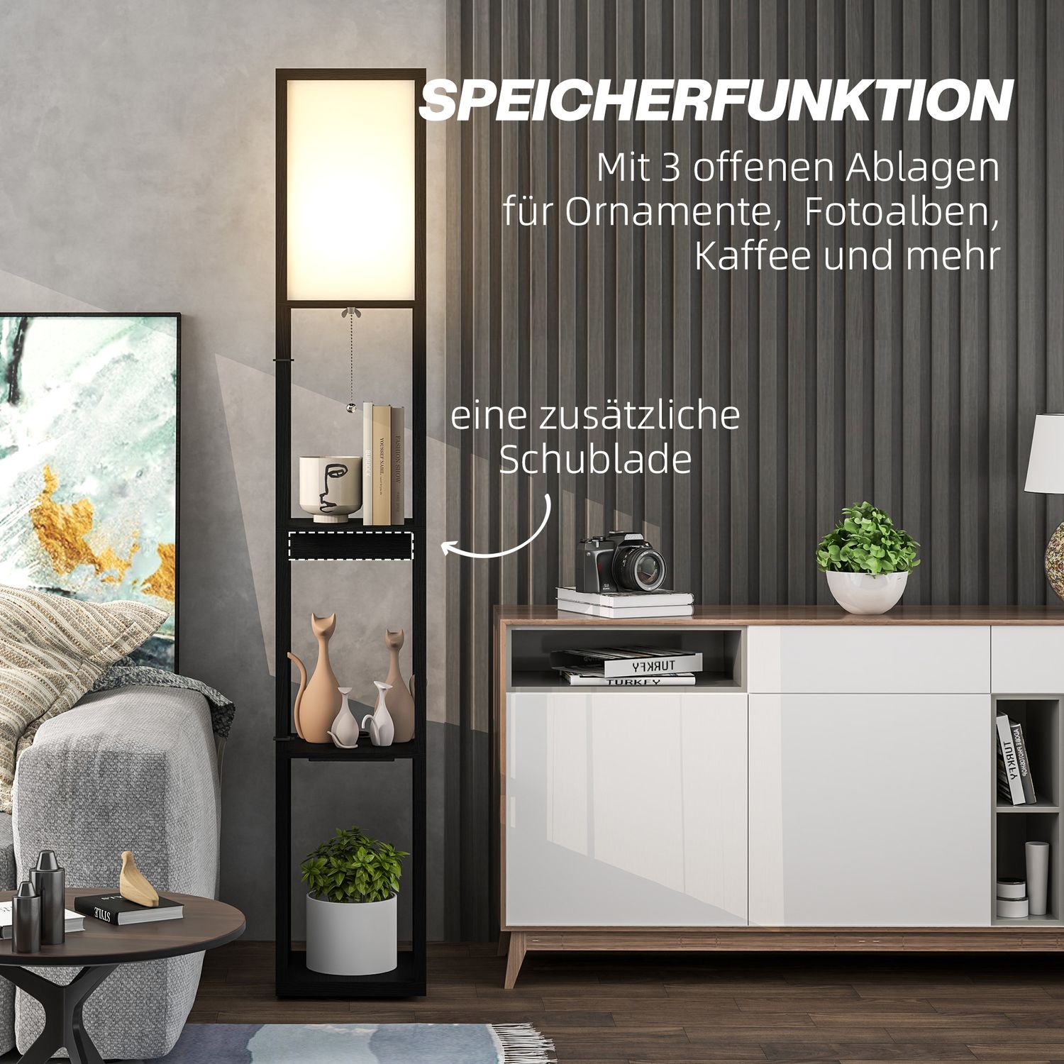 Golvlampa med tygskärm, USB-portar, vit & svart