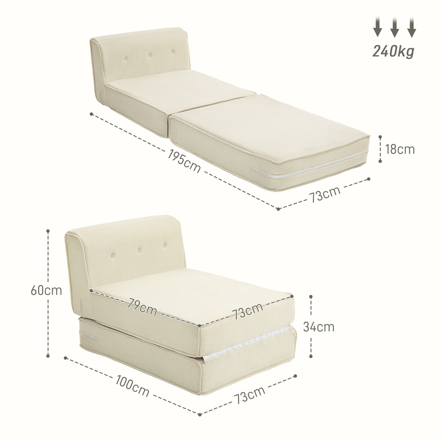 Bäddbar bäddsoffa – manchesterlook, krämvit, 240 kg Kapacitet