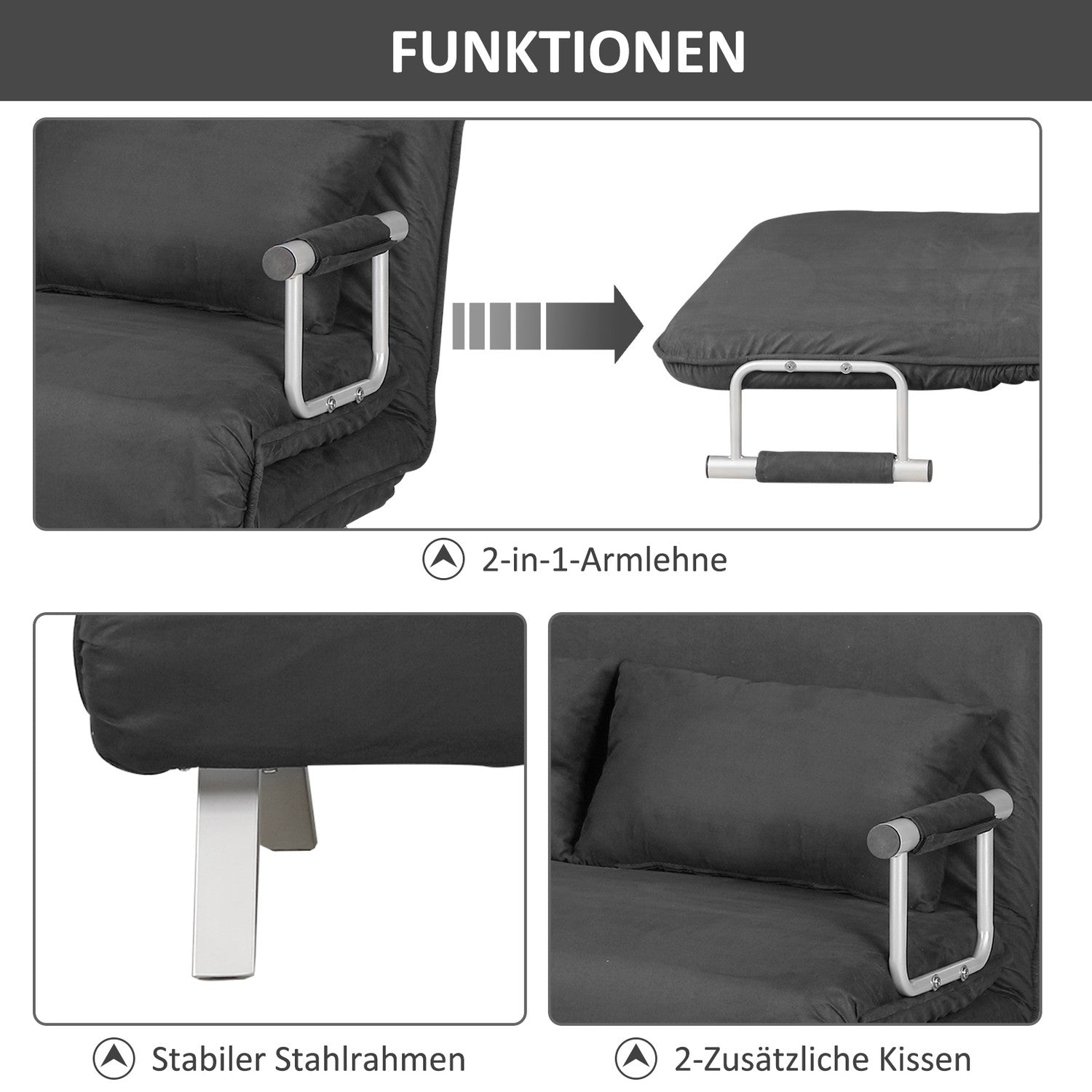 Grå 3-i-1 bäddsoffa, mockaimitation, 2-sits med armstöd
