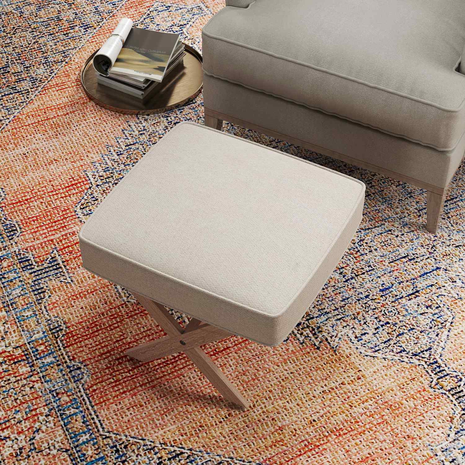 Gräddvit stoppad ottomansk bänk – trä, halkfritt fotstöd