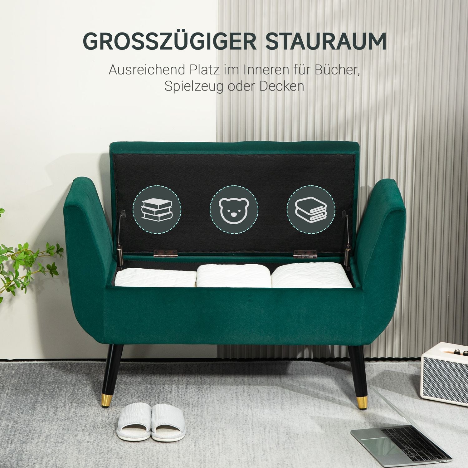 Green Velvet Förvaringsbänk med armstöd – 107 x 42 x 65 cm