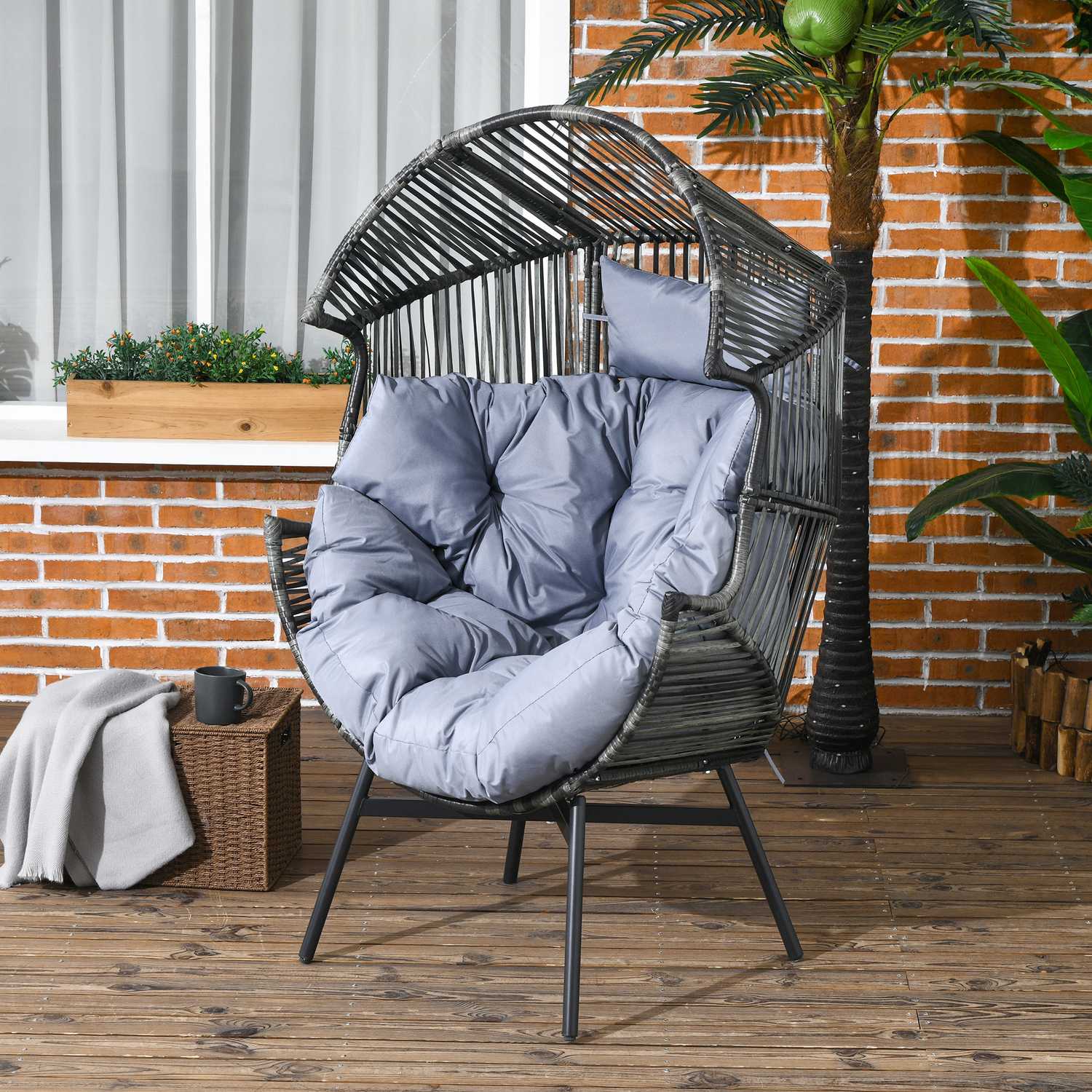 Grey Rattan Egg Stol med Dyna, 120 kg Kapacitet