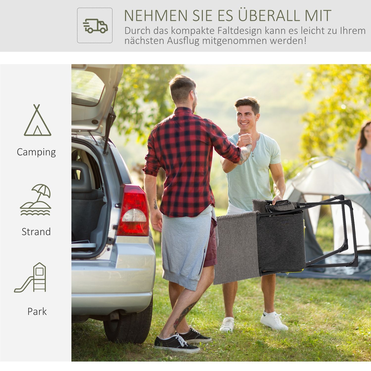 Grå fällstol – Avtagbar kudde, textilen & stål