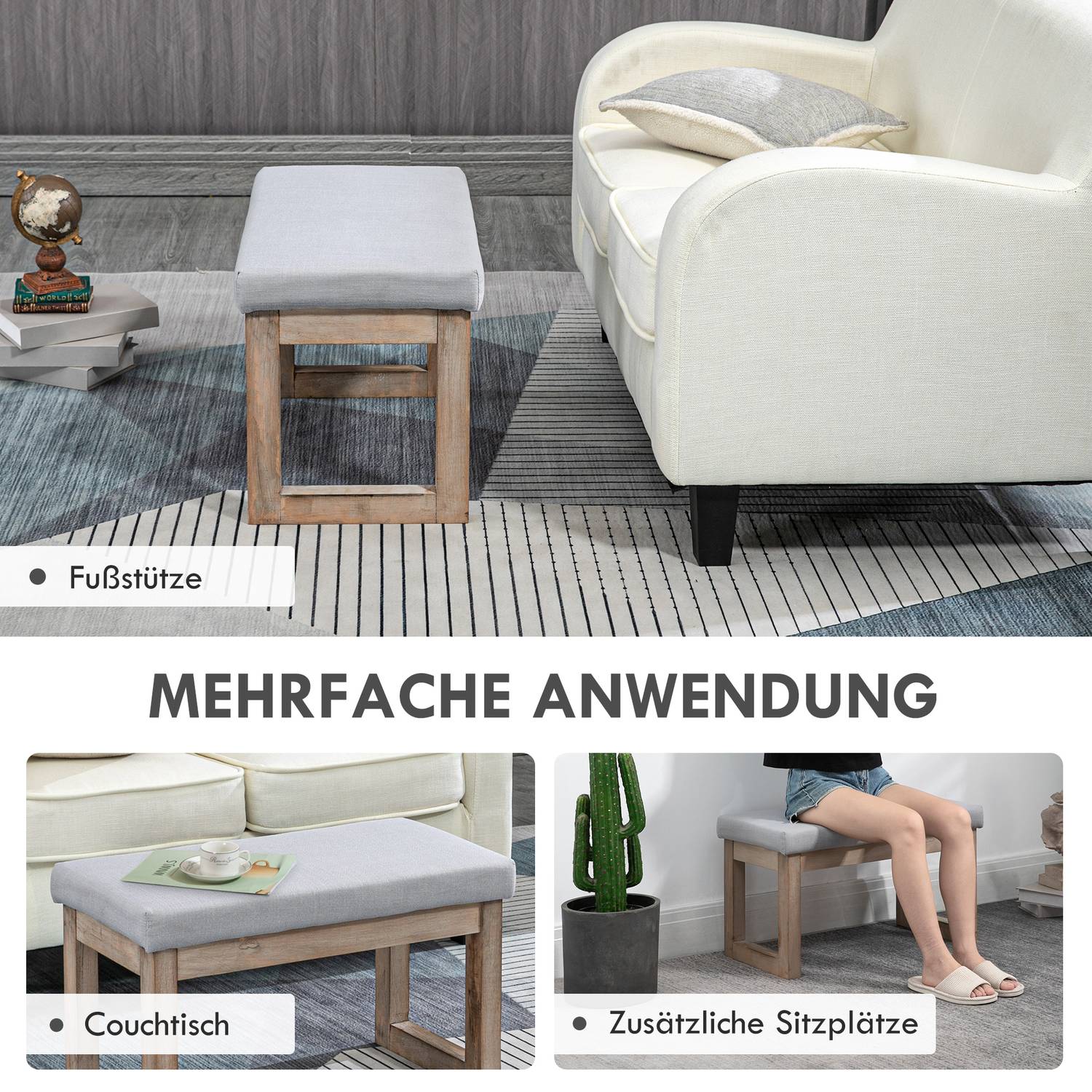 Grå fotpall i linnelook med träben – 68x38x42 cm
