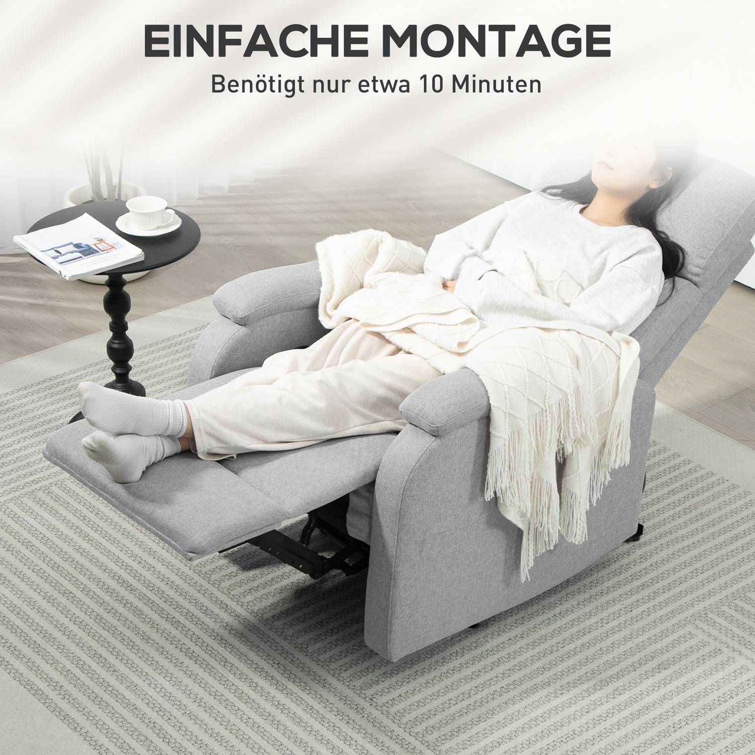 Grå fåtölj, linneklädsel, 150 kg kapacitet