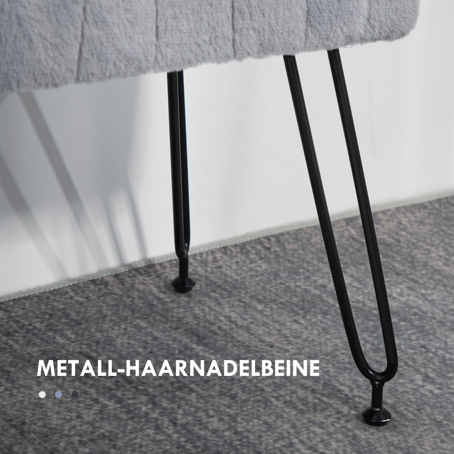 Grå fuskpälsstoppad bänk med metallben – 82 x 30 x 47 cm
