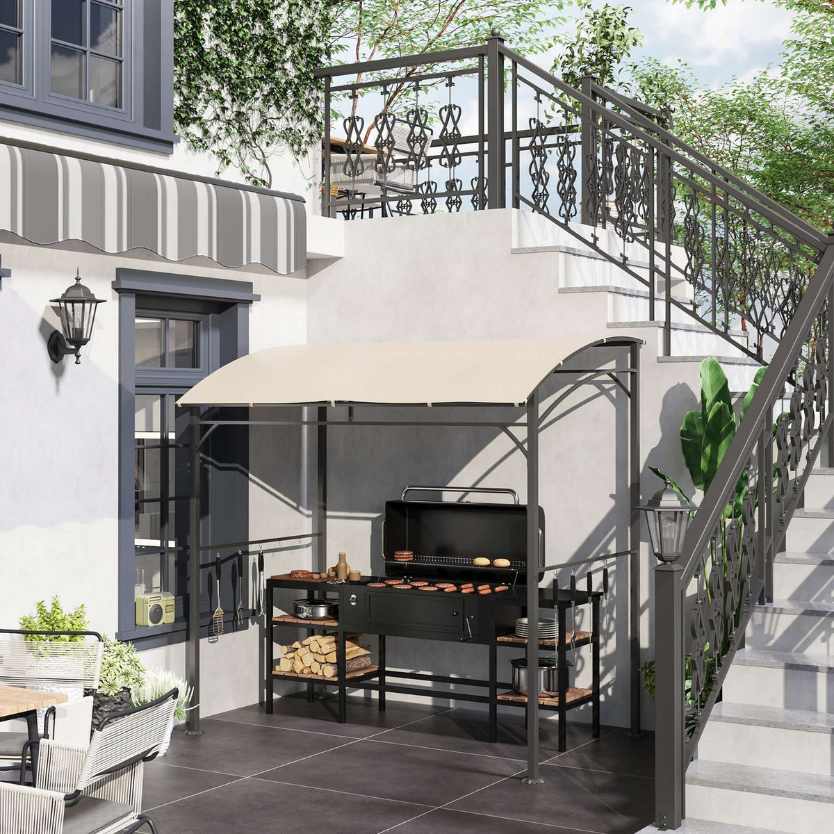 Grilltak med UV-beständigt regnskydd, beige stålram