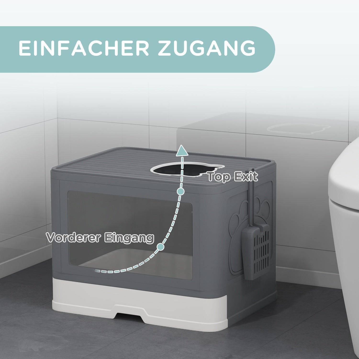 Grå kattsandlåda inomhus med lock och skopa, upp till 4 kg