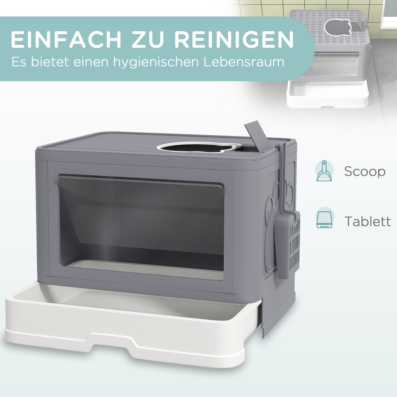 Grå kattsandlåda inomhus med lock och skopa, upp till 4 kg