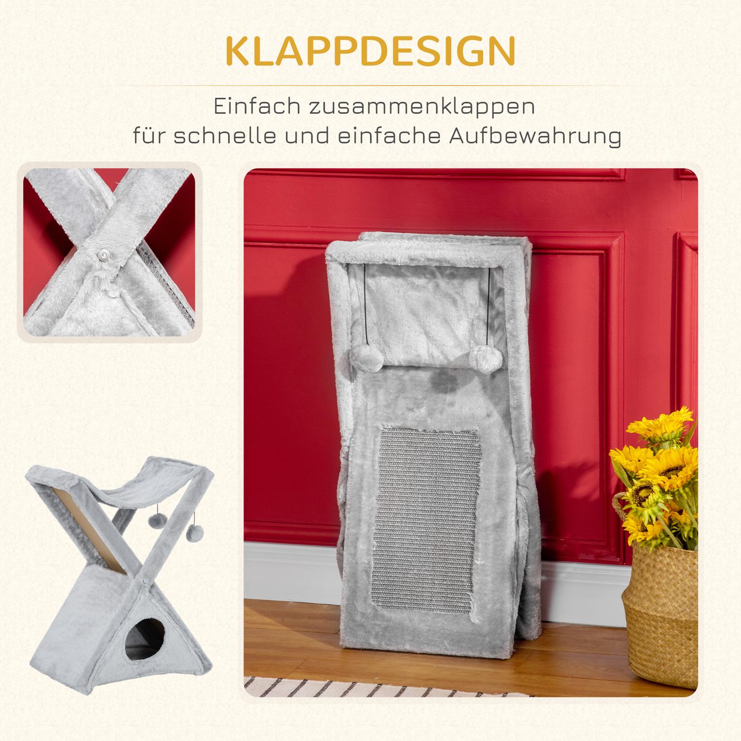 Grå katttorn med hängmatta och grotta, sisal och plysch