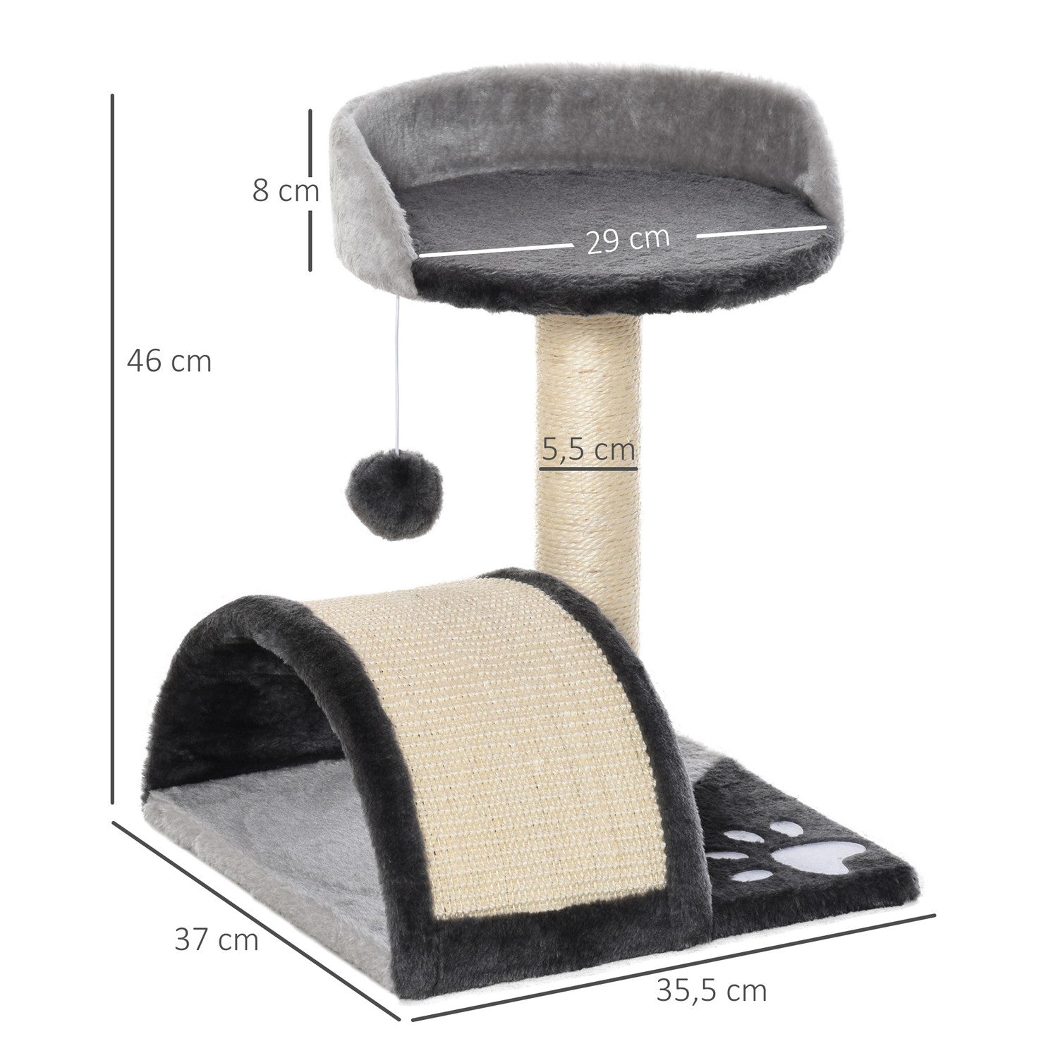 Grå kattträd med sisalstänger & lekbollar - 35,5x37x46cm